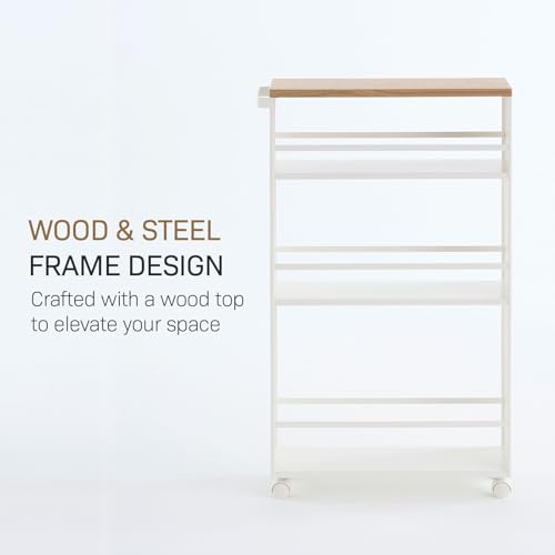 YAMAZAKI home Tower Rolling Slim Storage Cart With Handle White | Narrow kitchen storage cabinet with built-in handle. Slim rolling storage cart with wheels. Easy assembly. Keeps items tidy. - color: White