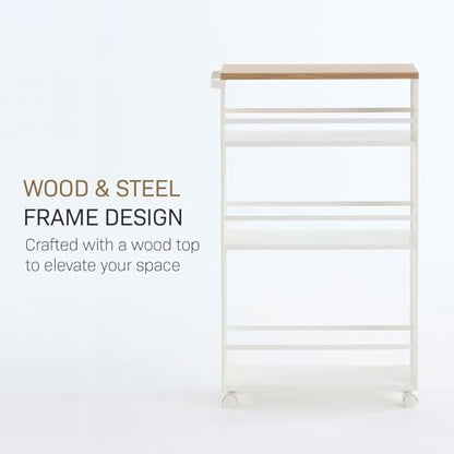 YAMAZAKI home Tower Rolling Slim Storage Cart With Handle White | Narrow kitchen storage cabinet with built-in handle. Slim rolling storage cart with wheels. Easy assembly. Keeps items tidy. - color: White