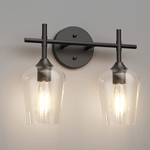 Ralbay Vintage Black Bathroom Light Fixtures 2-Lights Industrial Matte Black Finish with Clear Glass Black Vanity Lights Farmhouse Bathroom Vanity Lights Wall Sconce - color: Black, size: 2-Light