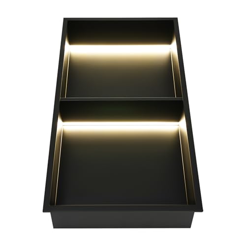 Stainless Steel Shower Niche, 2 Tiers Recessed Shower Niche, 12''x24'' Wall Nich Shower Shelf Insert w/ LED Light & Shelf, Embedded Storage Alcove Wall for Bathroom Storage(Black, LED, 12x24in)