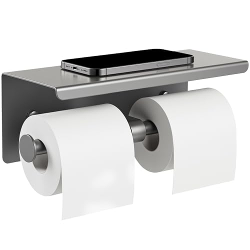 Double Toilet Paper Holder with Shelf, Wall Mount Tissue Roll Holder for Bathroom, 304 Stainless Steel Commercial Toilet Tissue Dispensers with Phone Shelf(Grey) - color: Grey