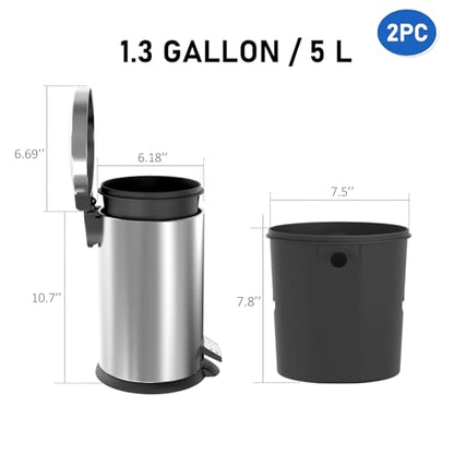 SIMPLYKLEEN Bathroom Trash Can with Lid - 2PC 1.3 Gallon Oval Small Trash Can with Soft-Close Lid, Foot Pedal, Brushed Stainless Steel, Removable Liner, Garbage can for Kitchen, Office (Gold+ Silver) - color: Gold+Silver, size: 5L Oval 2PC