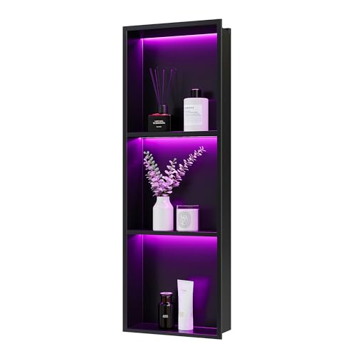 3-Tiers 12x36Inch Wall Niche with RGB LED Light Strips, Matte Black Shower Niche Shelf Cabinet, Stainless Steel Bathroom Shelf, NO Tile Needed Recessed Waterproof Storage Organizer - color: Matte Black, size: 12X36In