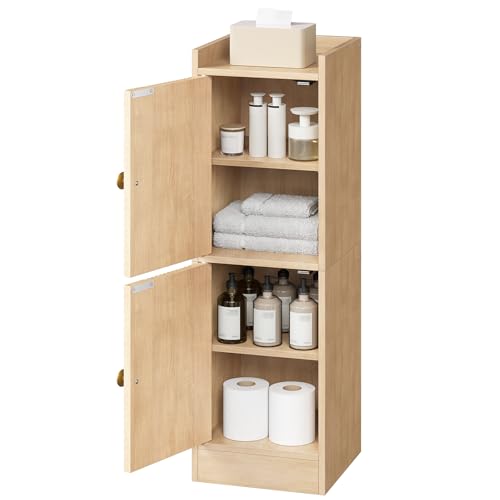 HOOBRO Slim Bathroom Cabinet for Small Spaces, Narrow Toilet Paper Cabinet with Doors, 9.8”W Space Saving Floor Cabinet with Adjustable Shelves, Farmhouse Wooden Organizer, Natural
