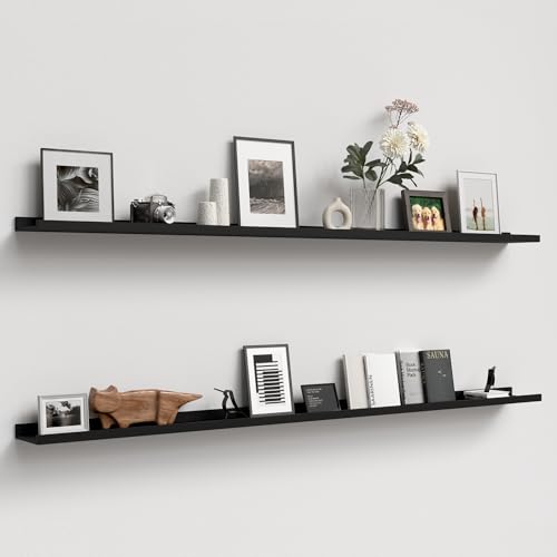 Boswillon Floating Shelves Set of 2, Long Wall Shelf with Lip, 72in, Black | Display Ledge Shelf for Room Wall, Wall Decor Shelves for Bathroom, Living Room, Bedroom, Kitchen, Nursery Room, Modern, Wood - color: Black, size: 70.9 in