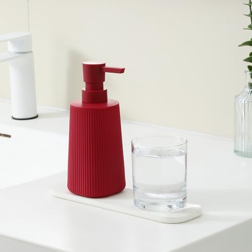 YAUKPH Small Soap Dispenser for Bathroom and Kitchen Matte Red | Modern Farmhouse Striped Style Plastic Hand Soap Dish Soap Dispenser with Pump - color: Red