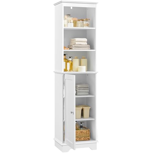 Yaheetech Tall Narrow Bathroom Storage Cabinet with Door and Shelves, White | Linen Closet for Towels, Toiletries and Laundry, Open Display Shelves, Hidden Adjustable Shelf, MDF, 60''H x 16''W x 12''D - style: 1 Door + 3 Open Compartments