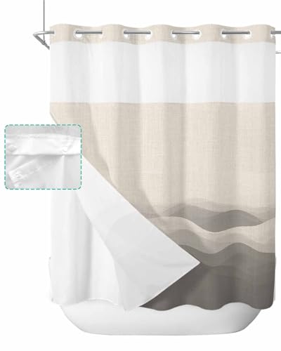 No Hook Shower Curtain and Snap in Liner Set, Grey Beige Ombre Fabric Bathroom Shower Curtains 72x78 Inch, See Through Mesh Top Window, Minimalist Ocean Waves Linen Hotel Style, Washable Waterproof - size: 72"W x 78"L (Pack of 1)