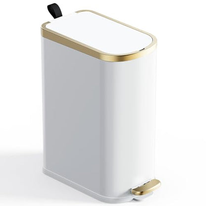 CEROELDA Small Bathroom Trash Can with Lid Soft Close-10L/2.6 Gal Slim Garbage Can-Metal Step Wastebasket-Rectangle Narrow Waste Bin for Office, Bedroom, Toilet, Live Room (White) - color: White, size: 2.6 Gallon
