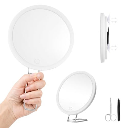 10X Magnifying Mirror with Lights, 6inch Makeup Magnified Mirror 10x Lighted Travel Magnification with 3 Suction Cups and 360° Adjustable Stand - Includes Tweezers & Scissors - color: White-10x