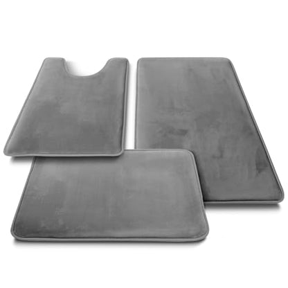 Clara Clark 3 Piece Bathroom Rugs, Velvet Memory Foam Bath Mat Set, Non-Slip Bath Rugs, Machine Wash, Dries Quickly, Ultra Soft Plush Bath Mats for Bathroom, 17 x 24/20 x 32 / Contour, Grey - color: Grey