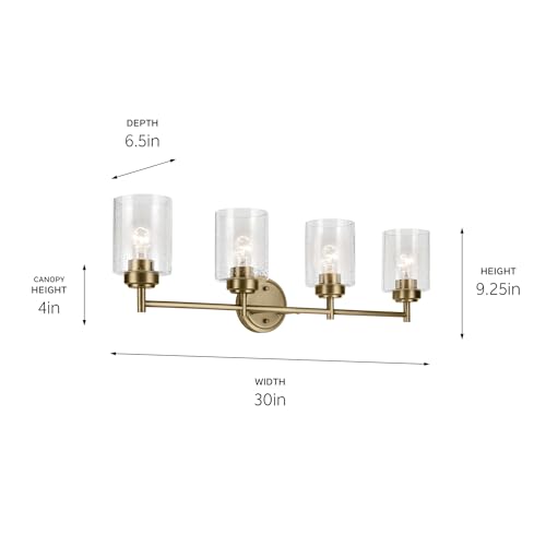 Kichler Winslow 4-Light Farmhouse Vanity Light, Natural Brass | Clear seeded glass vanity light with industrial styling (30" x 9.25" x 6.5"), 45887NBR - color: Natural Brass, size: 30"