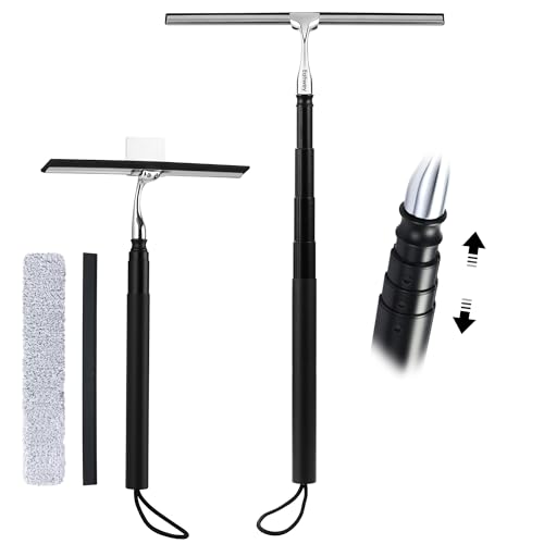 12-51’’ Telescopic Window Squeegee for High Windows, 2-in-1 Window Cleaning Kit with Extra Silicone Blade & Hook, Professional Squeegee for Shower Glass Doors (Window Squeegee for Home)