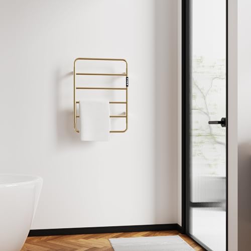 Towel Warmer, Stainless Steel Heated Towel Racks for Bathroom, 6 Bars Wall Mounted Towel Heater with Intelligent Touch Screen Timer & Temperature Adjustment, Plug-in/Hard-Wired, Brushed Gold - color: Brushed Gold, size: 6-Bar
