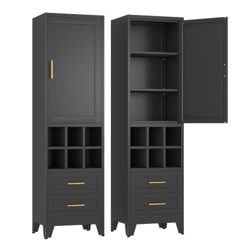 Ckzbx Tall Narrow Storage Cabinet, 66.93" H Tall Bathroom Cabinet Metal Pantry Cabinets with Hollowed-Out, 3 Adjustable Shelves, for Kitchen, Bathroom, Home Office, Living Room (Black) - color: Black, size: 20"W-D