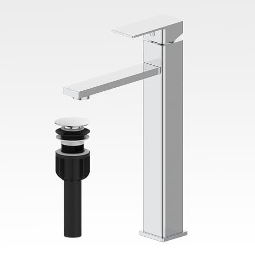 Bathroom Sink Faucet, Single Handle Bathroom Faucets with Pop-up Drain and 2 Supply Hoses, Chrome Single Hole Tall Barrel Vanity Faucet, 304 Stainless Steel - color: 3.Chrome Polished, style: Tall