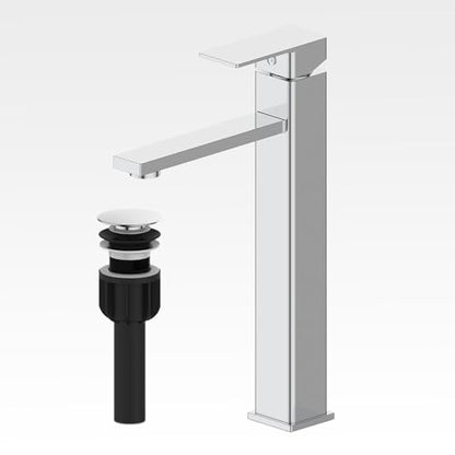 Bathroom Sink Faucet, Single Handle Bathroom Faucets with Pop-up Drain and 2 Supply Hoses, Chrome Single Hole Tall Barrel Vanity Faucet, 304 Stainless Steel - color: 3.Chrome Polished, style: Tall