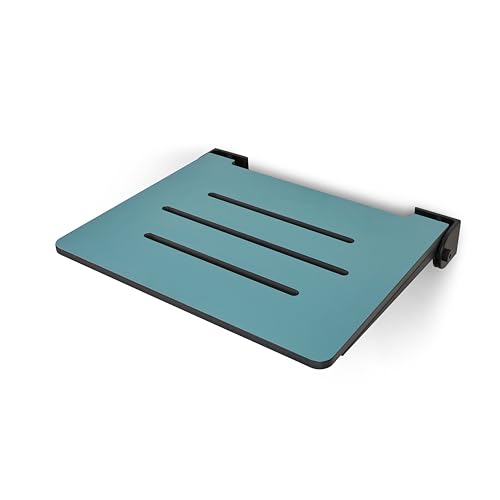 18 inch Silhouette Slimline Folding Wall Mount Shower Bench Seat, Teal Seat with Matte Black Frame - color: Teal Seat With Matte Black Frame