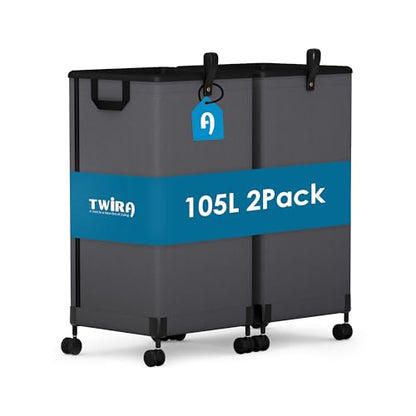 2Pcs Laundry Basket With Wheels 105L, Large Rolling Laundry Hamper With Removable Bag, Metal Frame Collapsible Dirty Clothes Bin, Cloth Organizer Hampers Pull Handle For Bathroom, Dorm, Bedroom Grey - color: Grey - 2 Pack