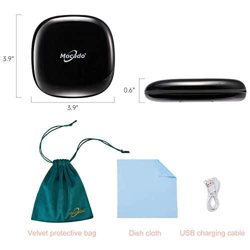 Mocado Compact LED Magnifying Travel Makeup-Mirror - 4 inches 1X/10X Magnification Small Hand Pocket Dimmable Double Sided USB Rechargeable Touch Screen, Portable Tabletop Cosmetic (Black) | Double Sides Lighted, 3 Colors Lighting, 0-100% Brightness, Diam