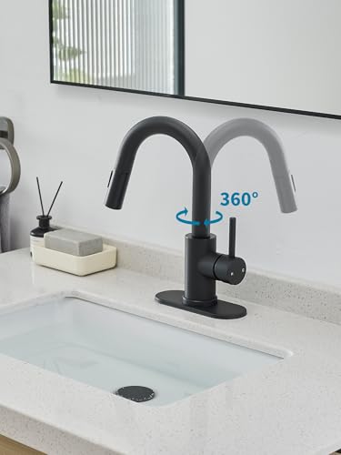 Black Bathroom Sink Faucet with Pull Out Sprayer for Sink 1 Hole,Bar Sink Faucet with Pop-Up Drain,Stainless Steel Single Handle Kitchen Faucet 360°Swivel Bathroom Faucets for Two Water Outlet Modes - color: Black, style: Pull-out