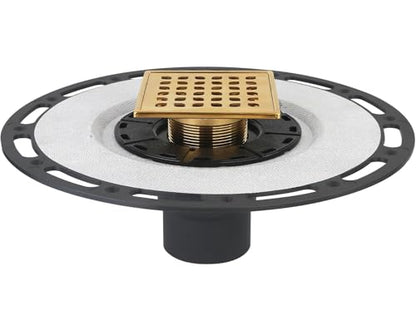 4-Inch Square Shower Drain Kit with Bonding Flange, Polished Gold | Removable 304 stainless steel grate with hair strainer; fits 2- and 3-inch pipes for tiled shower floors and wet areas - size: 4in-Gold