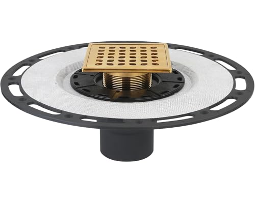 4-Inch Square Shower Drain Kit with Bonding Flange, Polished Gold | Removable 304 stainless steel grate with hair strainer; fits 2- and 3-inch pipes for tiled shower floors and wet areas - size: 4in-Gold