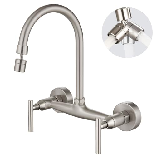 Airuida 8 Inch Center Wall Mounted Kitchen Sink Faucet | 360° Degree Swivel Spout,Double Handle,Wall Mount Utility Sink Faucet - color: Brushed Nickel