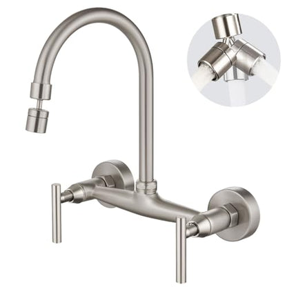 Airuida 8 Inch Center Wall Mounted Kitchen Sink Faucet | 360° Degree Swivel Spout,Double Handle,Wall Mount Utility Sink Faucet - color: Brushed Nickel