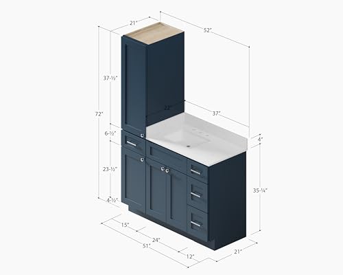 51" Bathroom Vanity with Linen Storage Tower and 4 Drawers, Carrara Quartz Top and Ceramic Sink, Left or Right Tower Option, Solid Wood Frame, 52" x 22" x 72" (Navy Blue, Left Tall Cabinet) - color: Navy Blue