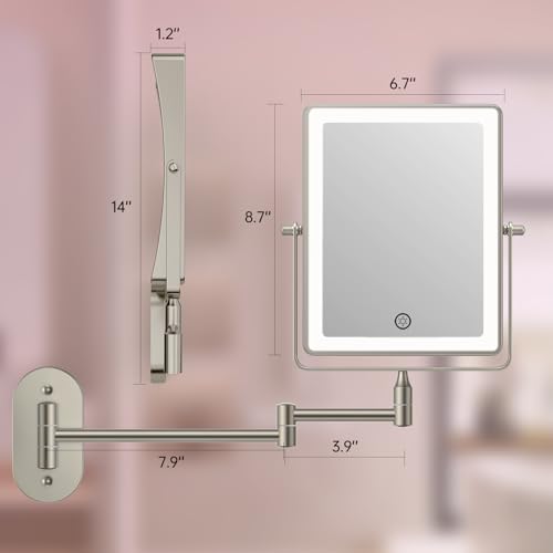 FASCINATE 8.7" 5000mAh Rechargeable Wall Mounted Makeup Mirror (Nickel) | Bathroom Mirror Rectangle Double Sided Touch Switch 1X 30X Magnifying, 3 Color Setting, Extended Arm 360° Swivel Foldable - color: Nickel a