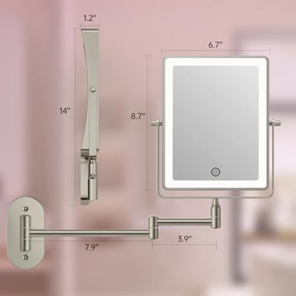 FASCINATE 8.7" 5000mAh Rechargeable Wall Mounted Makeup Mirror (Nickel) | Bathroom Mirror Rectangle Double Sided Touch Switch 1X 30X Magnifying, 3 Color Setting, Extended Arm 360° Swivel Foldable - color: Nickel a
