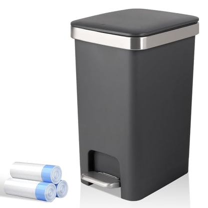 UUJOLY Small Bathroom Trash Can with Lid Step Pedal, 2.6 Gallon, Dark Grey | Soft-Close Sturdy Garbage Can + 3 Rolls Trash Bags, For Bathroom, Kitchen, Bedroom, Office, Dorm, Laundry, RV - color: Dark Grey