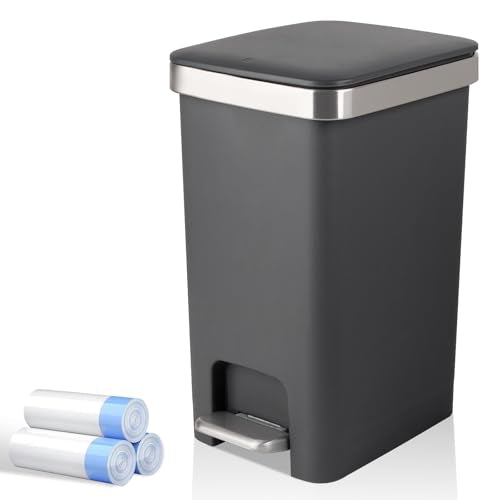 UUJOLY Small Bathroom Trash Can with Lid Step Pedal, 2.6 Gallon, Dark Grey | Soft-Close Sturdy Garbage Can + 3 Rolls Trash Bags, For Bathroom, Kitchen, Bedroom, Office, Dorm, Laundry, RV - color: Dark Grey