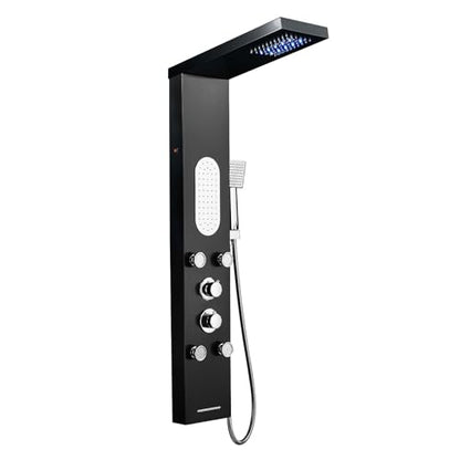 5-in-1 LED Shower Panel Tower System Stainless Steel Black | LED rain head | 4 massage jets | Body waterfall spray | Handheld shower | Tub spout | Wall mount - color: Black