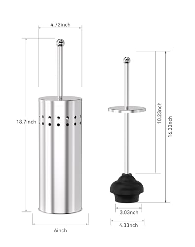DOWRY Toilet Plunger with Holder for Bathroom | Hidden Toilet Bowl Cleaners Long Handle with Cover Powerful Force Suction Cup Heavy Duty Deep Cleaning Chrome 18.7In - color: Chrome