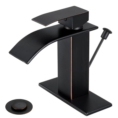ORB Waterfall Bathroom Faucet Single Handle with Lift Rod Drain | Bathroom Sink Faucet,Stainless Steel,supply hoses Deck included,1 or 3 Hole,Fits home,RV,farmhouse bathrooms - color: A-Oil Rubbed Bronze, style: with Lift Rod Drain