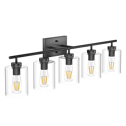 Aipsun 5 Lights Black Vanity Lights Fixtures Over Mirror with Clear Glass Shades Industrial Wall Light Fixture for Bathroom(Exclude Bulb) - size: 39.8 inch