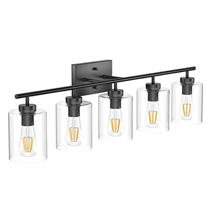 Aipsun 5 Lights Black Vanity Lights Fixtures Over Mirror with Clear Glass Shades Industrial Wall Light Fixture for Bathroom(Exclude Bulb) - size: 39.8 inch