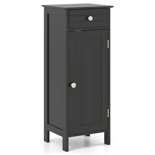 Tangkula Bathroom Floor Cabinet, Free-Standing Single Door Storage Cabinet with Drawer & 2 Adjustable Shelves, Wooden 14”L Narrow Side Storage Organizer for Small Spaces, Living Room, Kitchen (Black) - color: Black