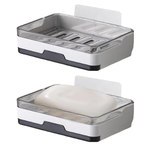 2 pcs Self Adhesive Soap Dish with Drawer-Type Drip Tray and 2 No-Trace Adhesive Pad, Wall Mounted Soap Holder Shower Sink Bar Soap Sponge Holder Tray Rack(White)
