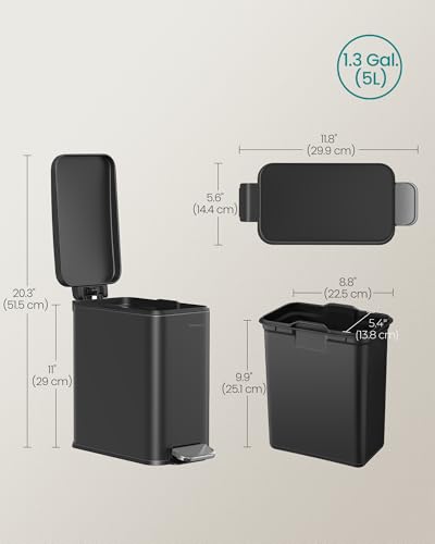 SONGMICS Bathroom Trash Can, 1.3 Gallon (5 L) Small Trash Bin with Lid, Slim for Small Spaces, Stainless Steel Garbage Can, Soft Close, Black ULTB560B05 - color: Black, style: 1.3 Gal.