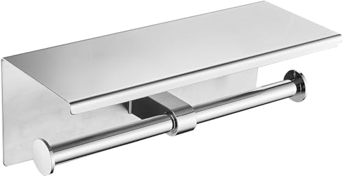 Double Toilet Paper Holder with Shelf Double Roll Toilet Paper Holder Wall Mounted Stainless Steel for Bathroom (Silver) - color: Silver-double With Shelf, size: Fits Regular Rolls