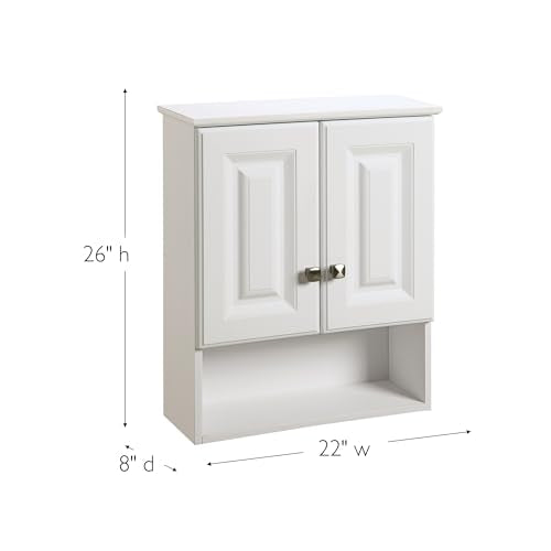 Design House Wyndham Wall Cabinet, 2 Doors, 1 Adjustable Interior Shelf, Bottom Display Shelf, Satin Nickel Hardware, Easy Assembly, Bath Cabinet, White, 8 in L x 22 in W x 26 in H, 597310 | Adjustable Shelves, Adjustable Hinges, Wall Mount, Traditional,