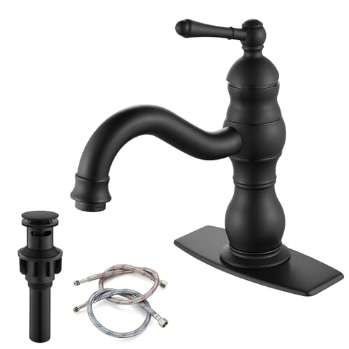 gotonovo Bathroom Faucet 1 Hole Vintage,Matte Black,7.1” Spout Reach | Bathroom Sink Faucet for 1 or 3 Hole Single Handle,Deck Plate,360° Swivel Spout,Pop Up Drain,cUPC Supply Hoses,for Vanity RV - color: Black, size: 7.1" Spout Reach