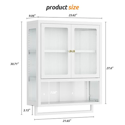 Bathroom Wall Cabinet with 2 Glass Door, Bathroom Medicine Cabinet with Towels Bar and Shelves, Over The Toilet Storage Cabinet, Metal Wall Mounted Cabinet for Kitchen (Upgraded White) - color: Upgraded White