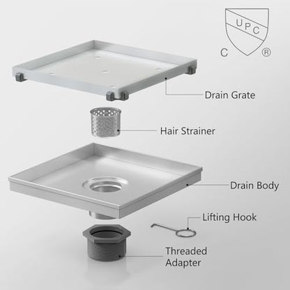 8 Inch Square Shower Drain with Tile Insert Grate, Brushed | 304 Stainless Steel, Square Tile Floor Drain for Bathroom, Removable Tile-In Drain Grate with Hair Strainer, cUPC Certified - size: 8 inch