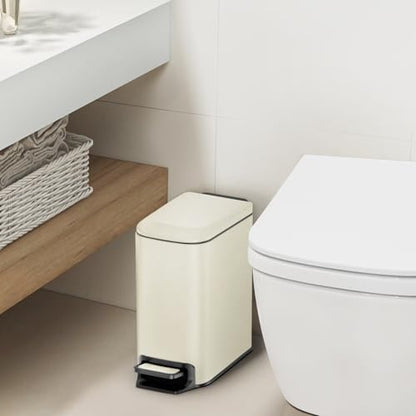 Cesun Small Bathroom Trash Can with Lid, 1.6 Gal, Soft Close, Creamy White | Step pedal soft close, Slim 5.9in fits narrow spaces, Stainless steel, Anti-fingerprint, Removable inner bucket, Odor seal - color: Creamy White
