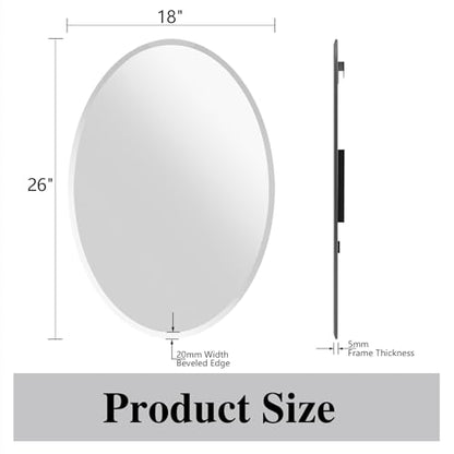 Frameless Oval Mirror, 18"x26" Beveled Bathroom Vanity Mirrors | 20mm beveled edge, 5mm HD glass, frameless, anti-rust, shatterproof, french cleat, horizontally or vertically - size: 18"L x 26"W