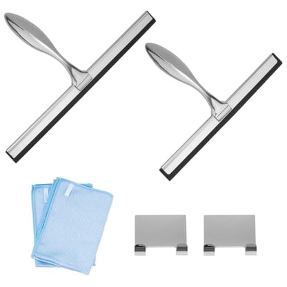 Set of 2 Stainless Steel Shower Squeegees, 10” & 12” with Wall Hook Holders and Microfiber Cloths, Ideal for Glass and Window Cleaning